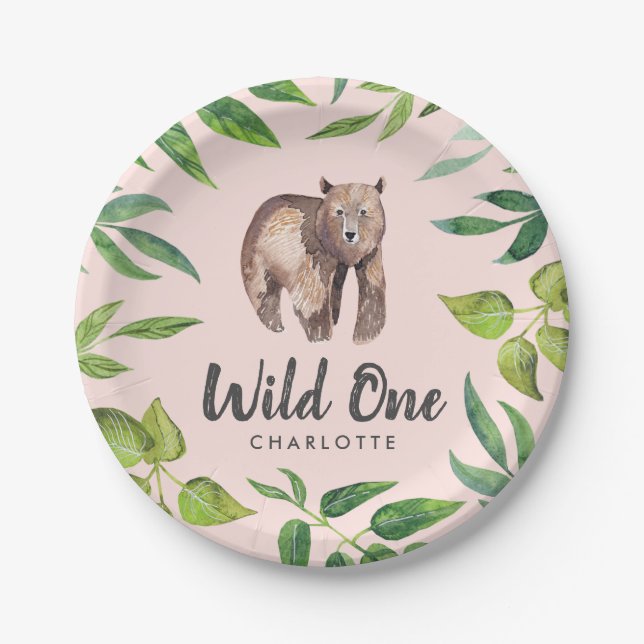 Watercolor Wild One Bear First Birthday | Blush Paper Plate (Front)