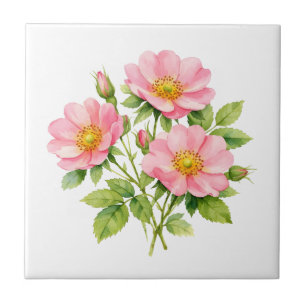 Watercolor Wild Pink Roses Ceramic Tile