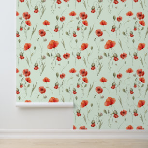 Watercolor Wild Poppies on Delicate Green Wallpaper