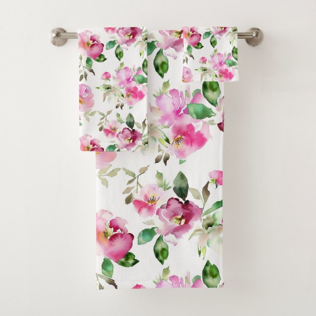 Watercolor Wild Rose Pattern Bath Towel Set (Insitu)