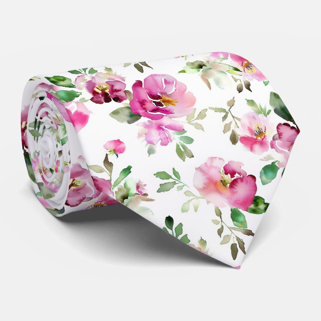 Watercolor Wild Rose Pattern Tie (Rolled)