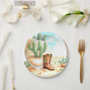 Watercolor Wild West Boy Baby Shower Paper Plate
