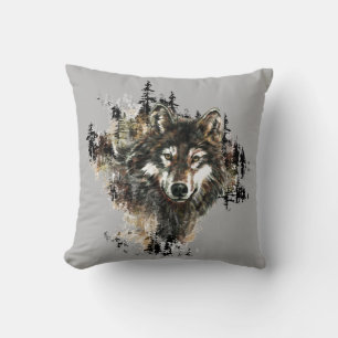 Watercolor Wild Wolf Mountain Animal Nature Art Cushion