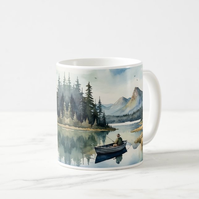 Watercolor Wilderness Fishing Lake in Boat Coffee Mug (Front Right)