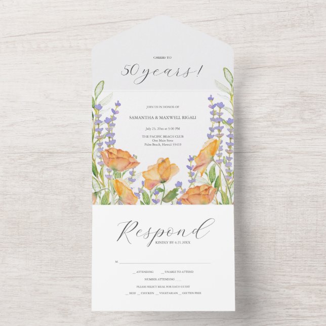 Watercolor Wildflower 50th Wedding Anniversary All In One Invitation (Inside)