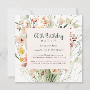 Watercolor Wildflower 60th Birthday Party Invitation