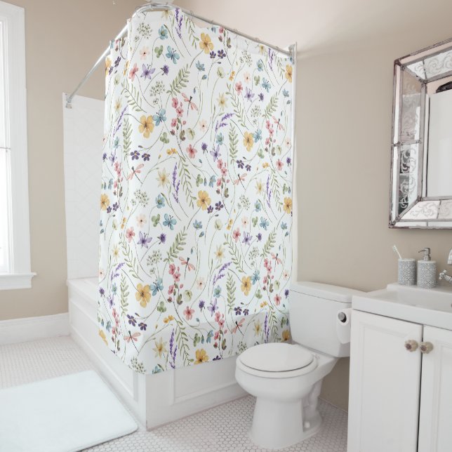 Watercolor Wildflower And Butterflies Pattern  Shower Curtain (In Situ)