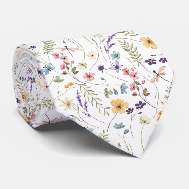 Watercolor Wildflower And Butterflies Pattern  Tie (Rolled)