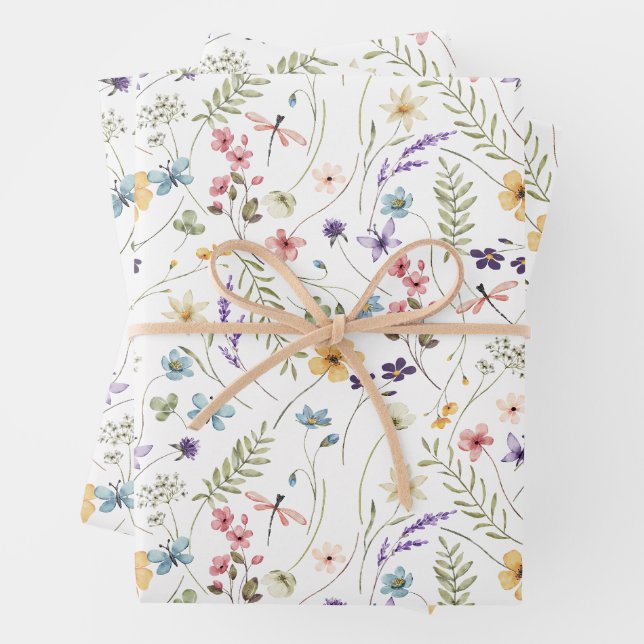 Watercolor Wildflower And Butterflies Pattern  Wrapping Paper Sheet (In situ)