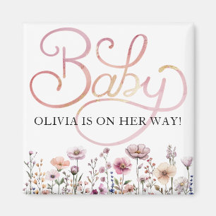 Watercolor Wildflower Baby Girl Arrival Magnet