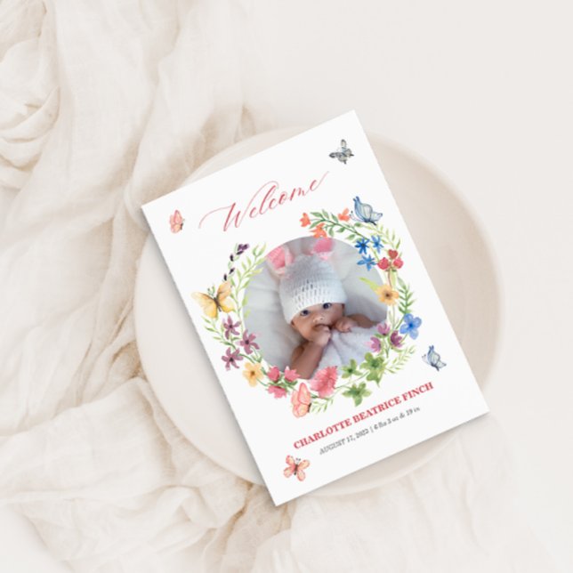 Watercolor Wildflower Baby Girl Photo Birth Announcement (Creator Uploaded)