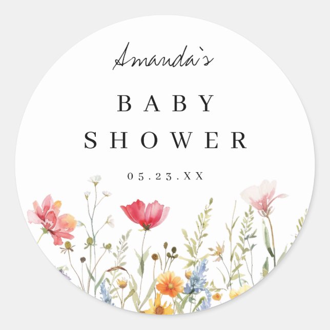 Watercolor Wildflower Baby Shower Classic Round Sticker (Front)