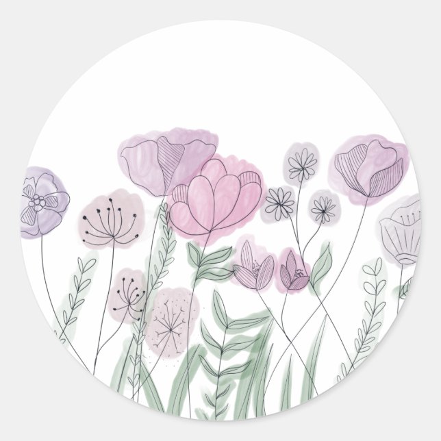 Watercolor Wildflower Blooms  Classic Round Sticker (Front)