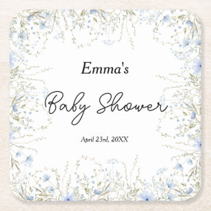 Watercolor Wildflower Blue Flower Baby Shower Square Paper Coaster