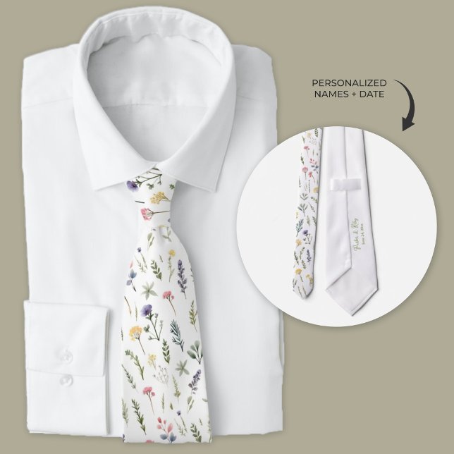 Watercolor Wildflower Boho Neck Tie (custom wedding neckties for groom and groomsmen with a boho wildflower watercolor design.)