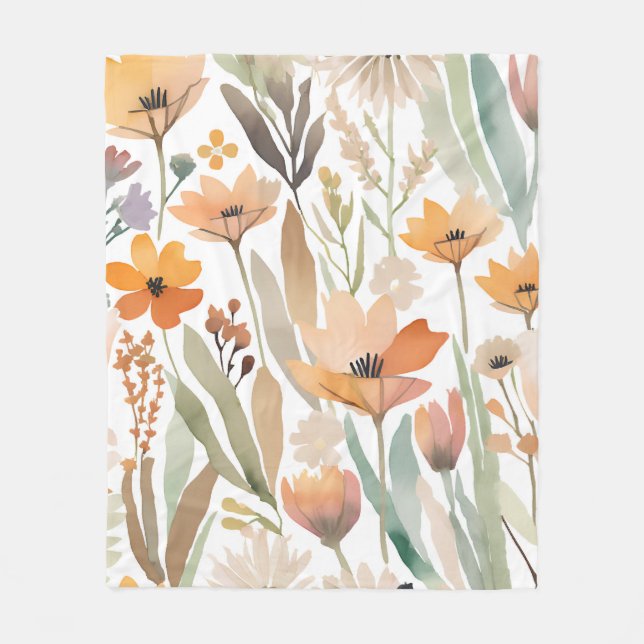 Watercolor Wildflower Boho Soft Pastel Spring  Fleece Blanket (Front)