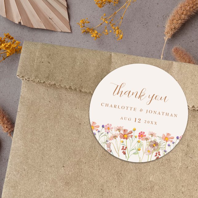 Watercolor Wildflower Boho Wedding Classic Round Sticker (Boho fall Wildflower Wedding thank you favor stickers watercolor florals elegant script burnt orange)