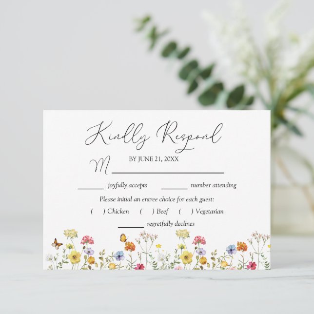 Watercolor Wildflower Botanical Entree Choices RSVP Card (Standing Front)