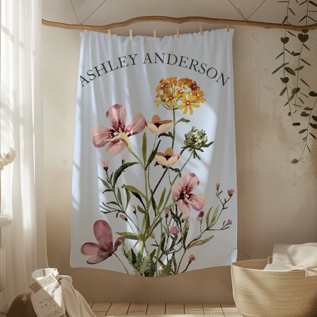 Watercolor Wildflower Bouquet #1 Personalised name Fleece Blanket (In situ)