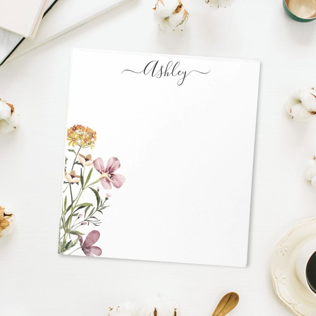 Watercolor Wildflower Bouquet #1 Personalised Name Notepad (In situ On desk)