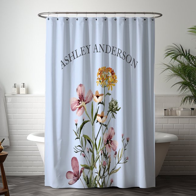 Watercolor Wildflower Bouquet #1 Personalised name Shower Curtain (In situ bathroom)