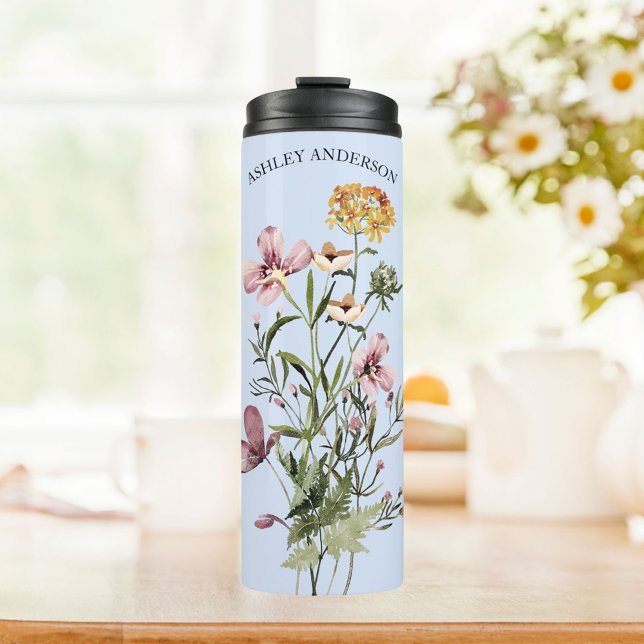 Watercolor Wildflower Bouquet #1 Personalised name Thermal Tumbler (In situ)