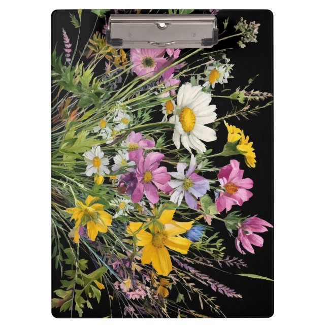 watercolor wildflower bouquet on black background clipboard (Front)