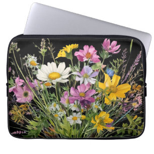 watercolor wildflower bouquet on black background laptop sleeve