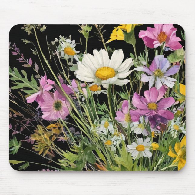 watercolor wildflower bouquet on black background mouse pad (Front)