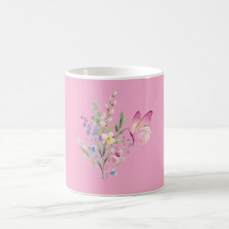 Watercolor Wildflower Bouquet with Pink Butterfly Coffee Mug