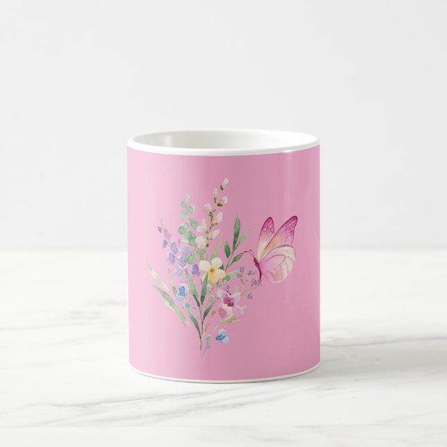 Watercolor Wildflower Bouquet with Pink Butterfly Coffee Mug (Center)