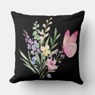 Watercolor Wildflower Bouquet with Pink Butterfly Cushion