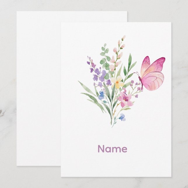 Watercolor Wildflower Bouquet with Pink Butterfly Invitation (Front/Back)