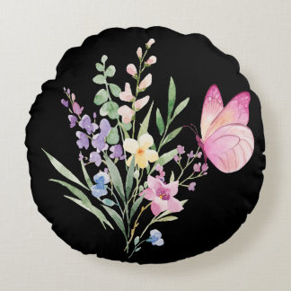 Watercolor Wildflower Bouquet with Pink Butterfly Round Cushion