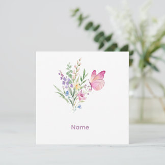 Watercolor Wildflower Bouquet with Pink Butterfly Thank You Card
