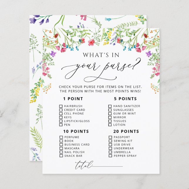 Watercolor Wildflower Bridal Shower Game (Front/Back)