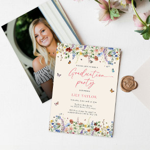 Watercolor Wildflower Butterflies Photo Graduation Invitation