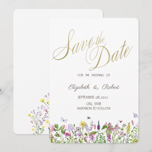 Watercolor Wildflower Butterflies Save The Date (Front/Back)