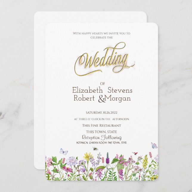 Watercolor Wildflower Butterflies Wedding Invitation (Front/Back)
