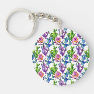 Watercolor Wildflower Cactus Pattern Key Ring