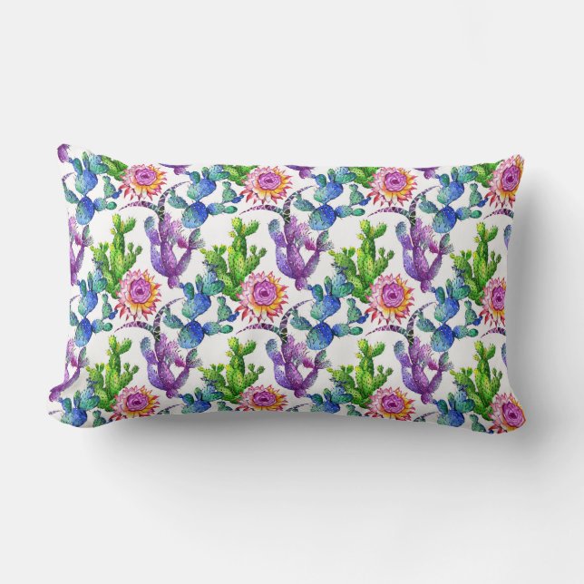 Watercolor Wildflower Cactus Pattern Lumbar Cushion (Front)