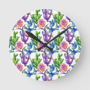 Watercolor Wildflower Cactus Pattern Round Clock