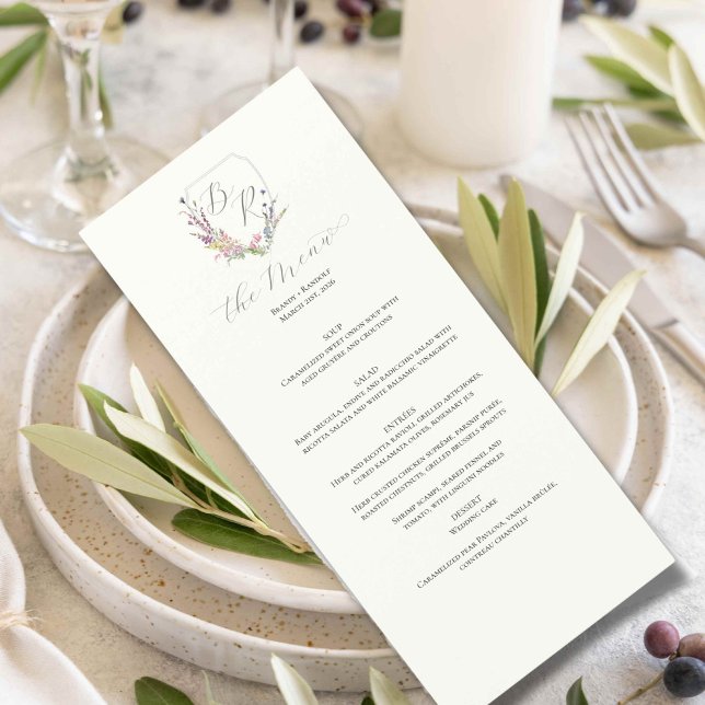 Watercolor Wildflower Crest Menu (Wildflower menu  for a wedding place setting)
