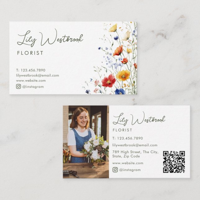 Watercolor Wildflower Elegant Script Photo QR Code Business Card (Front/Back)