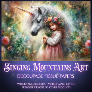 Watercolor Wildflower Fantasy Unicorn Decoupage  Tissue Paper