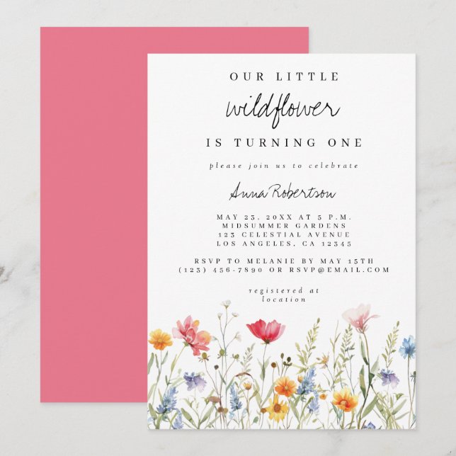 Watercolor Wildflower First Birthday Party Invitation (Front/Back)