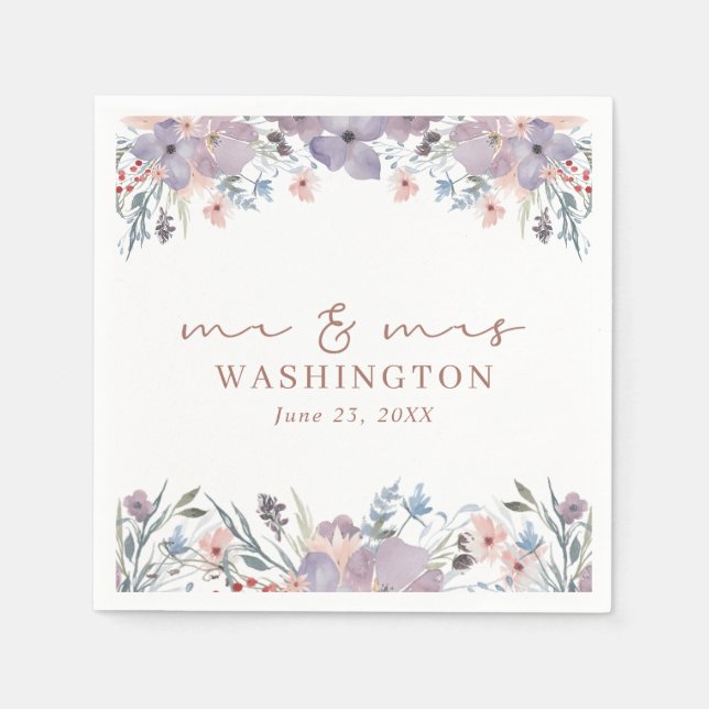 Watercolor Wildflower Floral Script Mr and Mrs Napkin (Front)