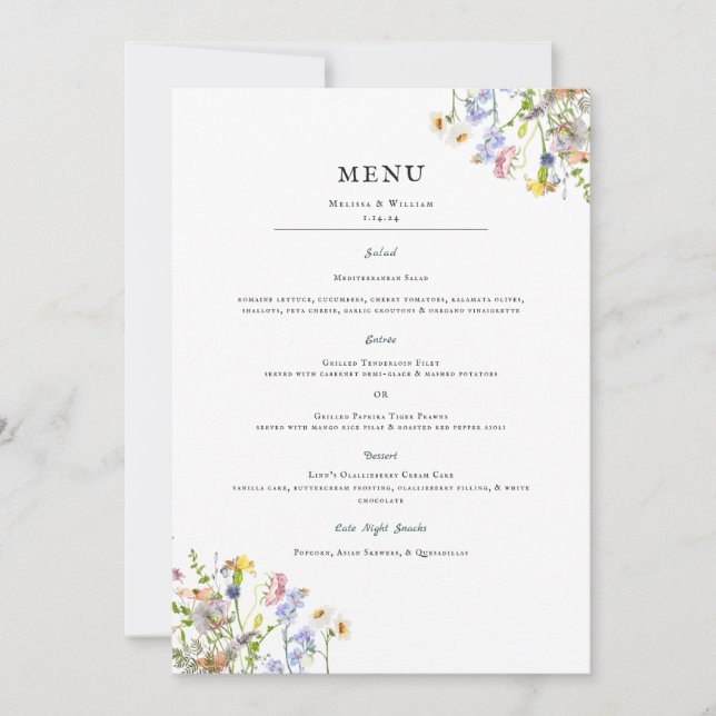 Watercolor Wildflower | Floral Wedding Menu  Invitation (Front)