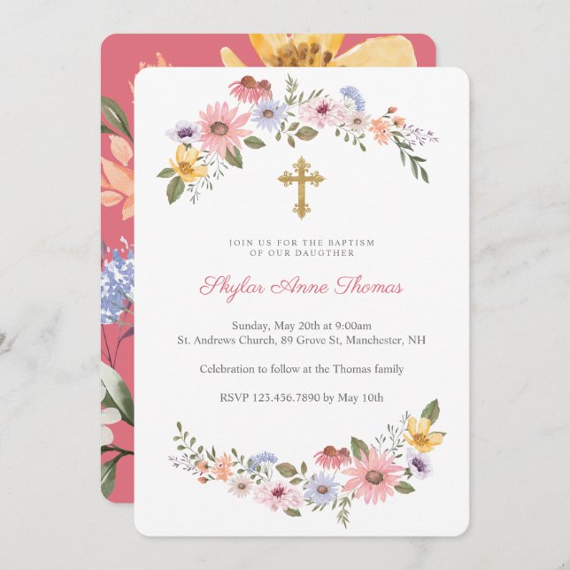 Watercolor Wildflower Floral Wreath Baptism Invitation (Front/Back)