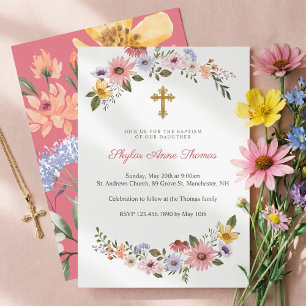 Watercolor Wildflower Floral Wreath Baptism Invitation